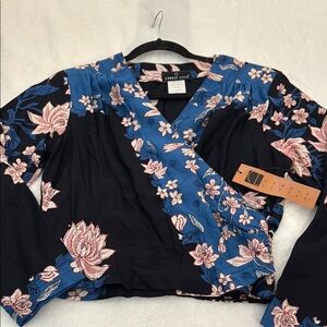 Carole Little Black and Blue Floral wrap Blouse NWT